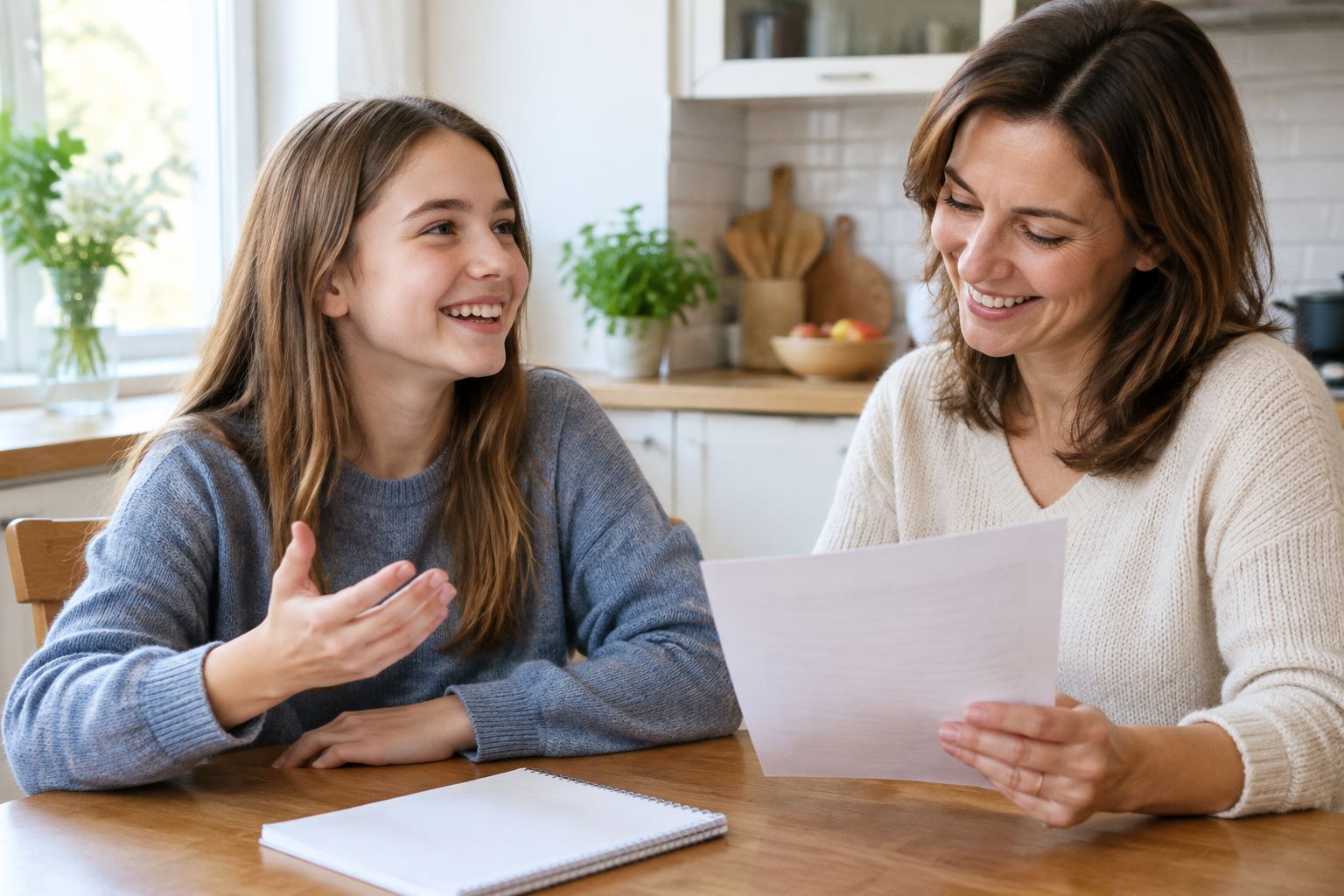 Uśmiechnięta nastolatka odpowiada z pamięci, mama trzyma listę słówek